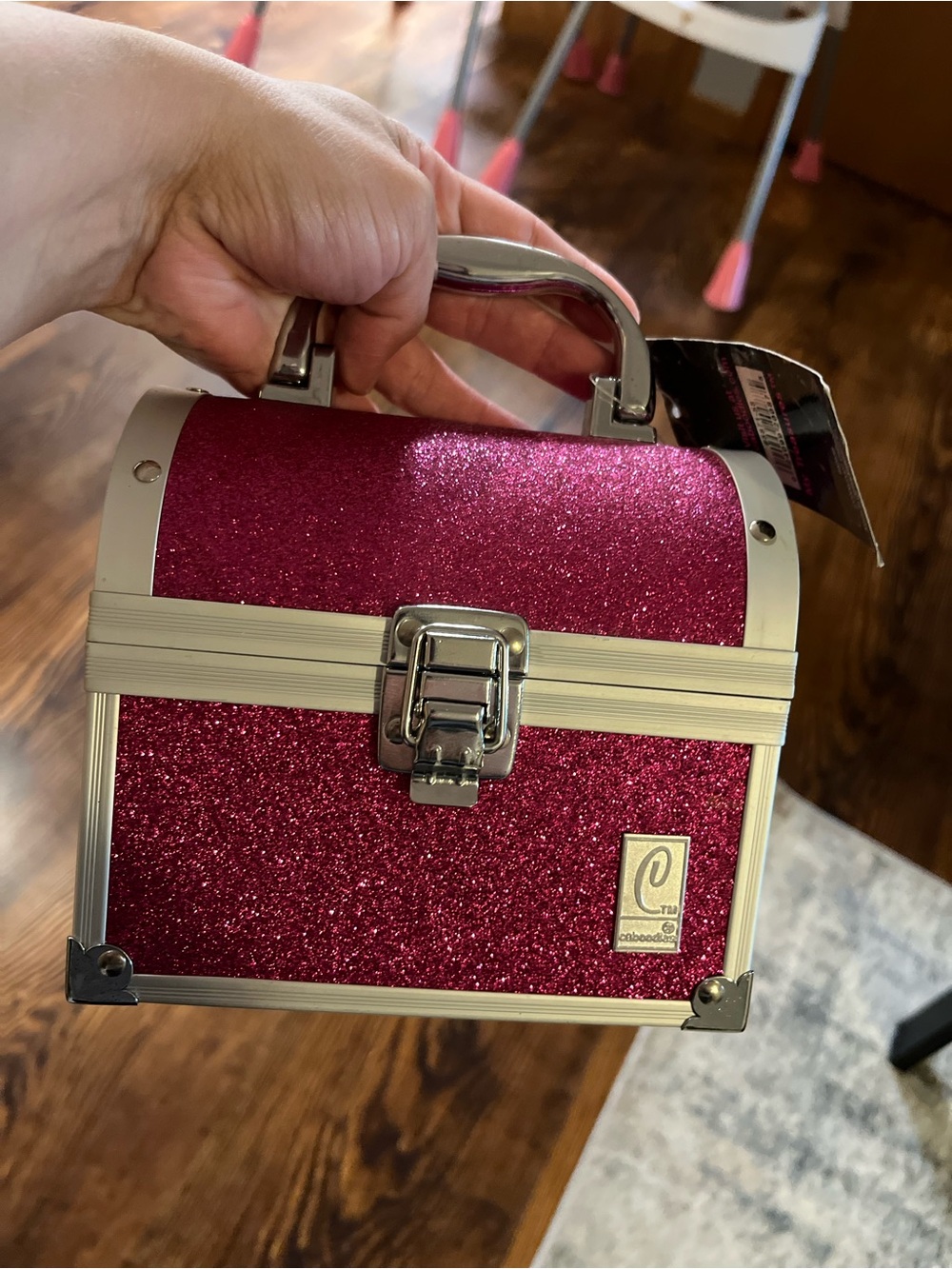 Caboodles Glittery Pink Mini Train Case with Silver Hardware